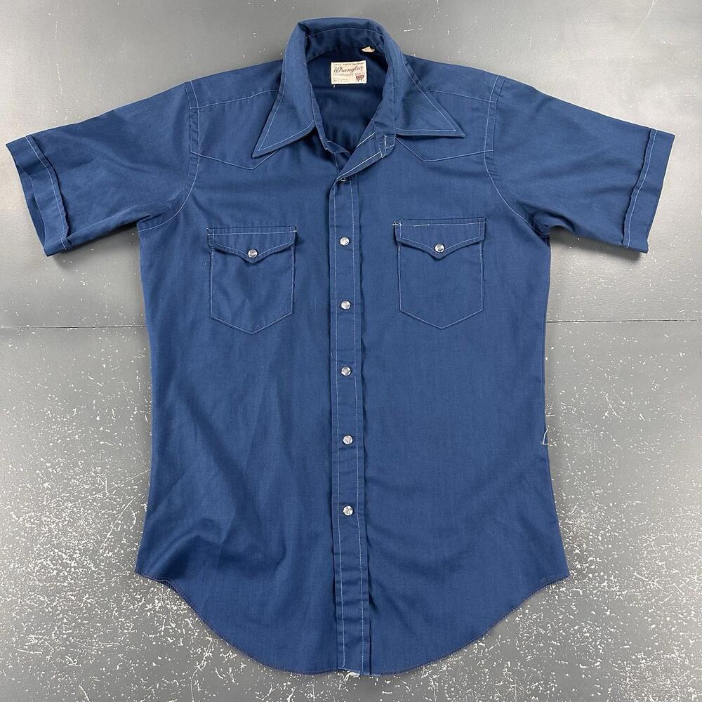VTG Wrangler Western Shirt Mens 15.5 Med Navy Blue Contrast Stitch 60's Snap USA